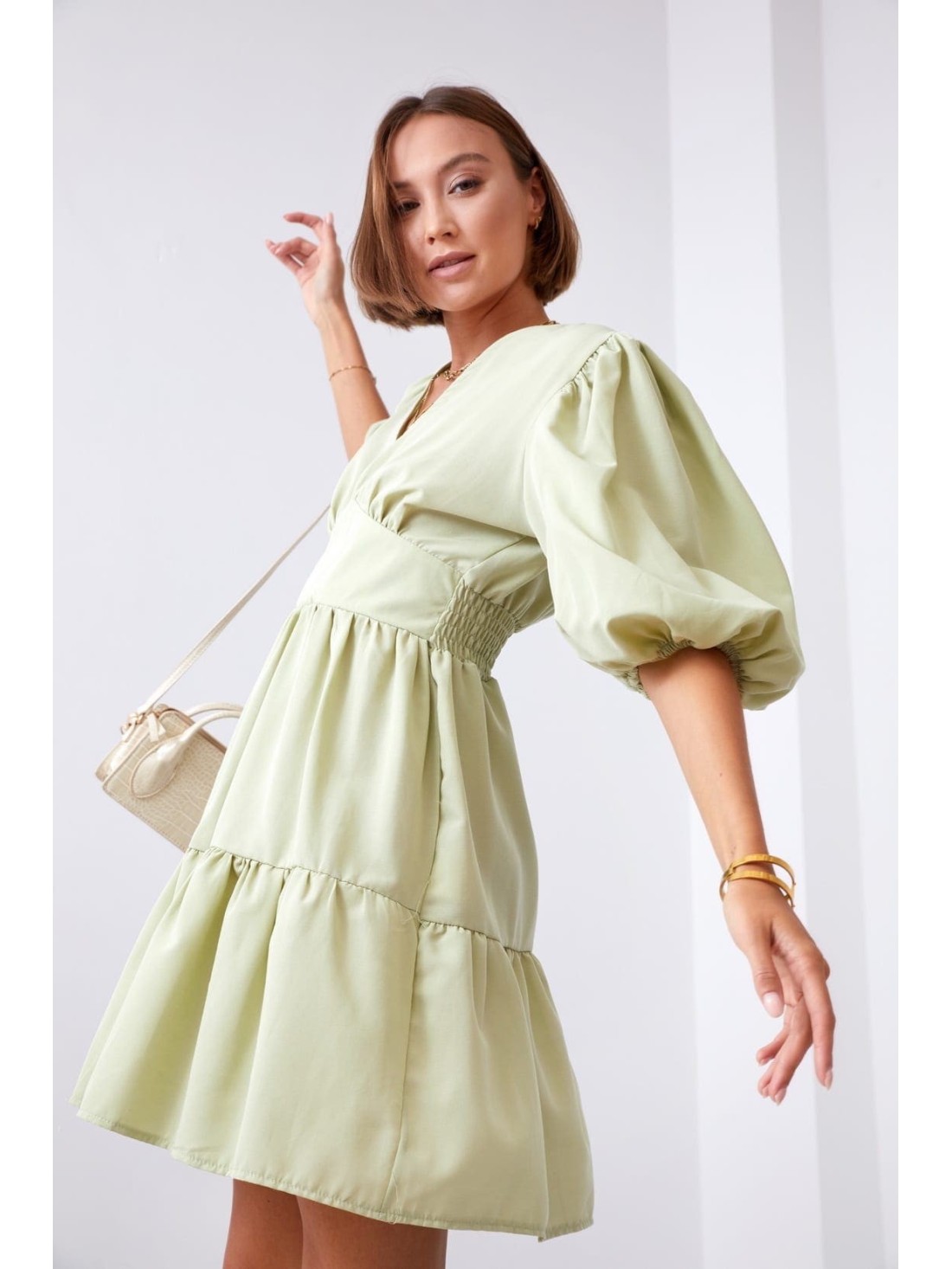 Tailored dress with puffy sleeves, olive green FG651 - Online store - Boutique